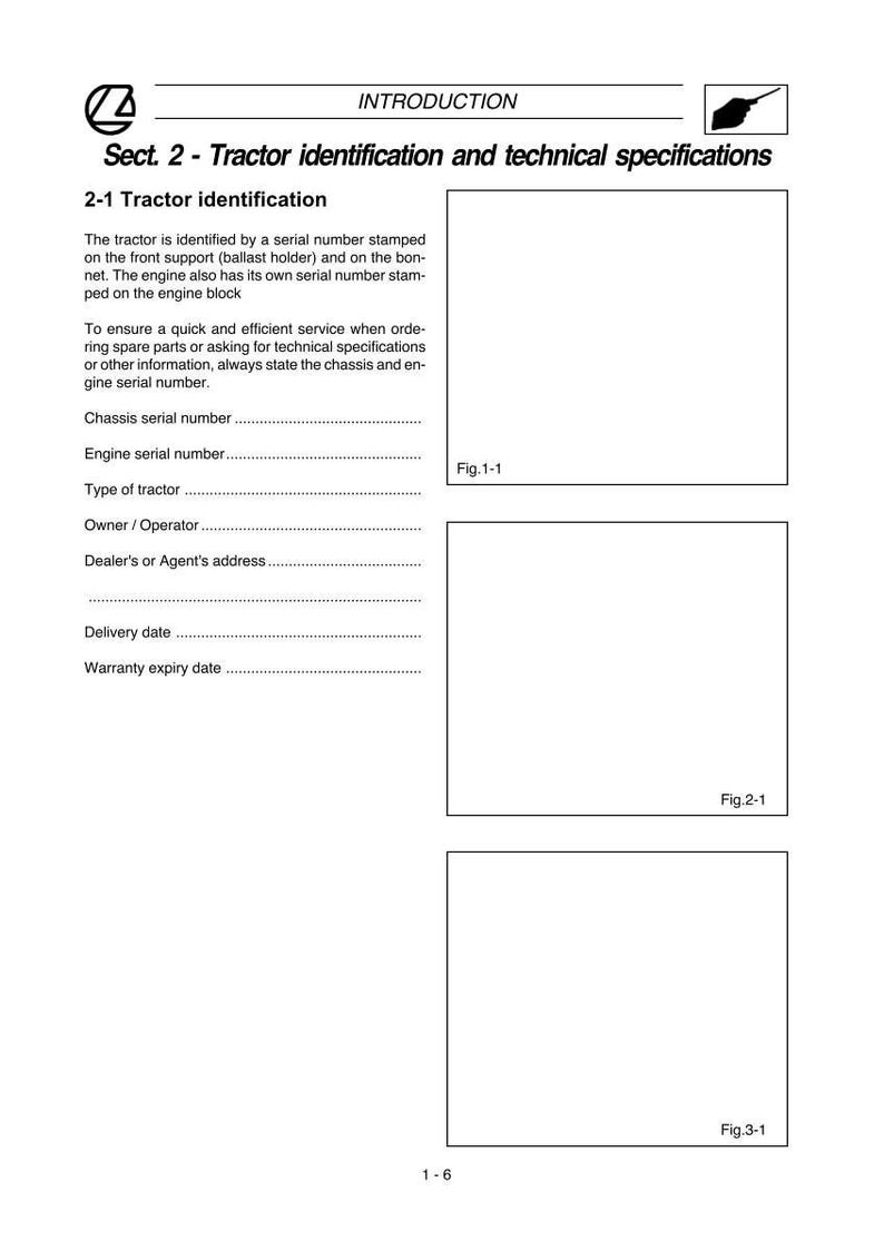 May include: A page from a tractor manual with the title "Tractor identification and technical specifications." The text includes instructions for identifying the tractor using serial numbers and spaces for entering data.