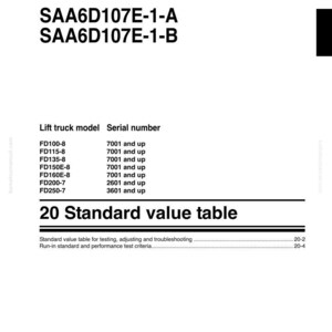 May include: Shop manual page with the title "Engine" and model numbers SAA6D107E-1-A and SAA6D107E-1-B. Includes a lift truck model and serial number table, and a section titled "20 Standard value table". The Komatsu logo is at the bottom.
