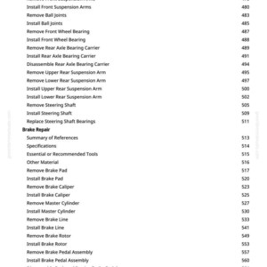 May include: A page from a manual with a list of automotive repair procedures, including brake repair, suspension, and steering components. The text is black on a white background, with page numbers on the right.