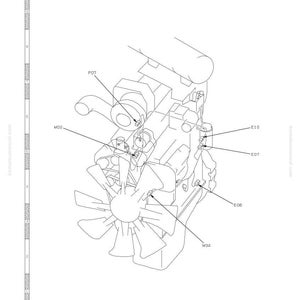 May include: Diagram of an engine, featuring a fan and various labeled components (P07, M02, E10, E07, E08, M34). The image includes the text "CONNECTOR ARRANGEMENT AND ELECTRIC CIRCUIT DIAGRAM OF EACH SYSTEM" and "TROUBLESHOOTING".