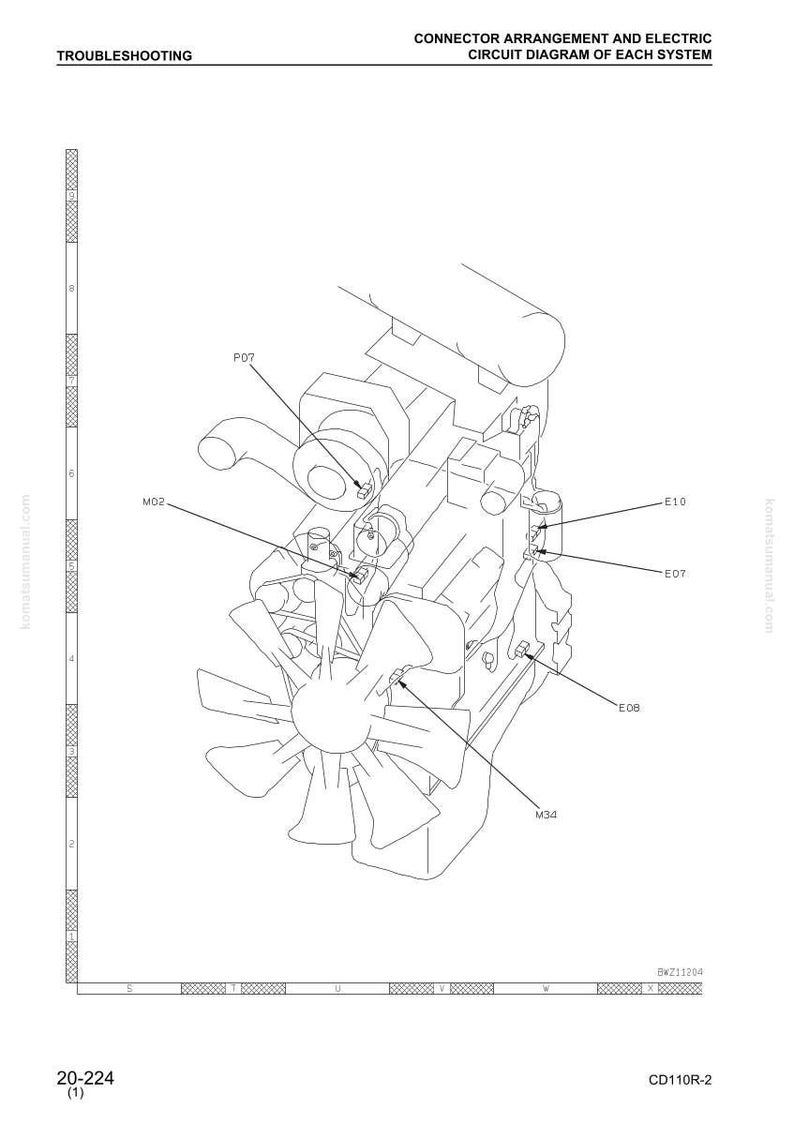 May include: Diagram of an engine, featuring a fan and various labeled components (P07, M02, E10, E07, E08, M34). The image includes the text "CONNECTOR ARRANGEMENT AND ELECTRIC CIRCUIT DIAGRAM OF EACH SYSTEM" and "TROUBLESHOOTING".