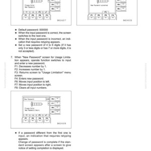 May include: A page from a machine monitor manual showing password input screens. The screens display prompts like "New Password" and "Please Enter New Password." Instructions and function keys are also visible.