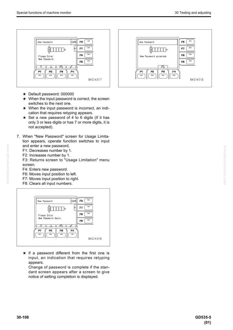 May include: A page from a machine monitor manual showing password input screens. The screens display prompts like "New Password" and "Please Enter New Password." Instructions and function keys are also visible.