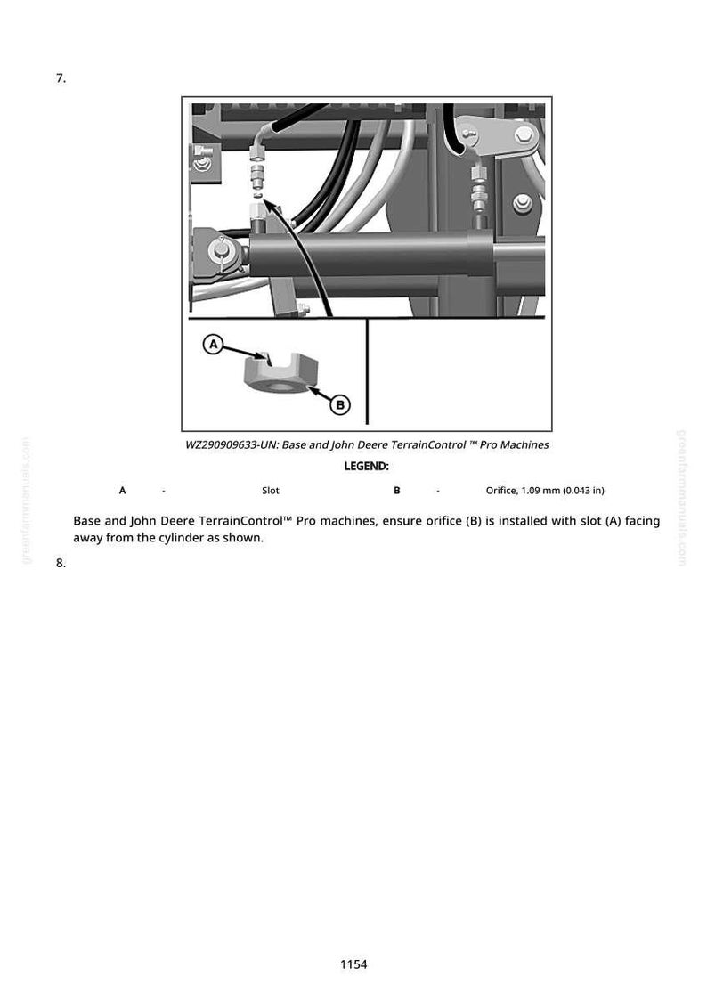 May include: Diagram of a mechanical component with labels A and B, and the text "WZ290909633-UN: Base and John Deere TerrainControl Pro Machines." Includes a legend with "Orifice, 1.09 mm (0.043 in)."
