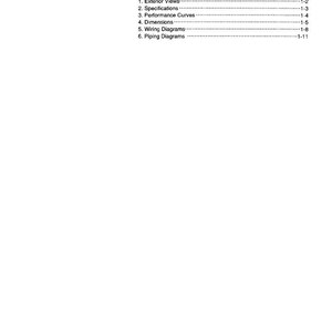 May include: A white page with the title "CHAPTER 1 GENERAL" in black text. The page contains a list of topics including Exterior Views, Specifications, Performance Curves, Dimensions, Wiring Diagrams, and Piping Diagrams. The text "Printed in Japan" is at the bottom.