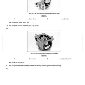 May include: Diagram of mechanical components, including a bronze slider feedback link and servo piston assembly. Text labels identify parts like the slider block, feedback link, servo piston, and swashplate assembly. Instructions are also included.