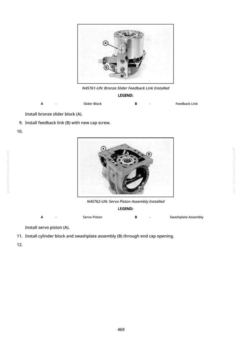 May include: Diagram of mechanical components, including a bronze slider feedback link and servo piston assembly. Text labels identify parts like the slider block, feedback link, servo piston, and swashplate assembly. Instructions are also included.