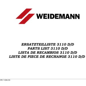 May include: A white document with the Weidemann logo and text in multiple languages. The text includes "ERSATZTEILLISTE 3110 D/D", "PARTS LIST 3110 D/D", "LISTA DE RECAMBIOS 3110 D/D", and "LISTE DE PIECE DE RECHANGE 3110 D/D".