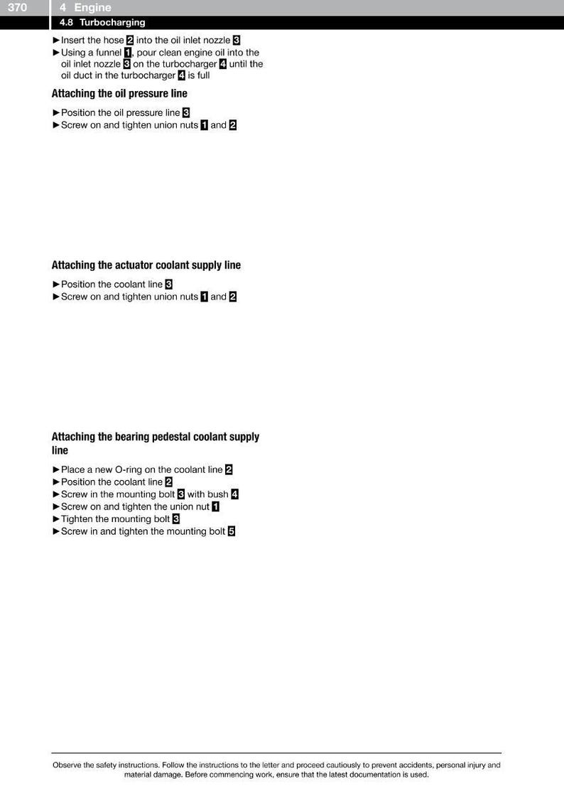 May include: Page from a manual detailing turbocharging procedures. Text includes instructions for attaching oil pressure, actuator coolant supply, and bearing pedestal coolant supply lines. The page is white with black text.
