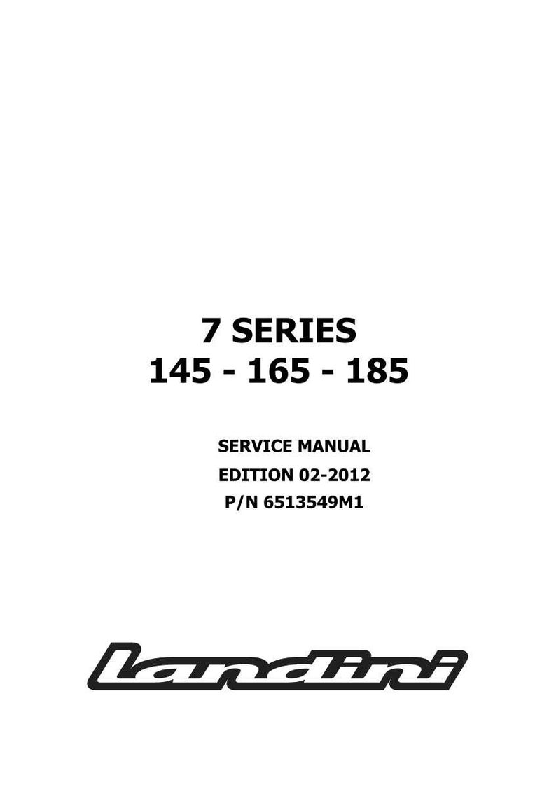 K&ouml;nnte beinhalten: Wei&szlig;er Hintergrund mit schwarzem Text, der &bdquo;7 SERIES 145 - 165 - 185 SERVICE MANUAL EDITION 02-2012 P/N 6513549M1&ldquo; lautet. Das Landini-Logo befindet sich unten.