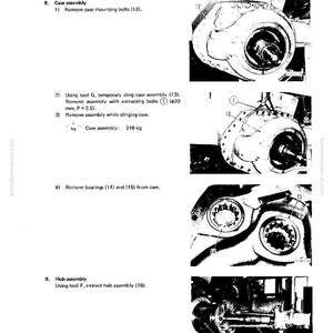 May include: Technical diagram showing the disassembly and assembly of a final drive. The image details steps with numbered components, including case assembly, bearings, and hub assembly. Text and diagrams are in black and white.