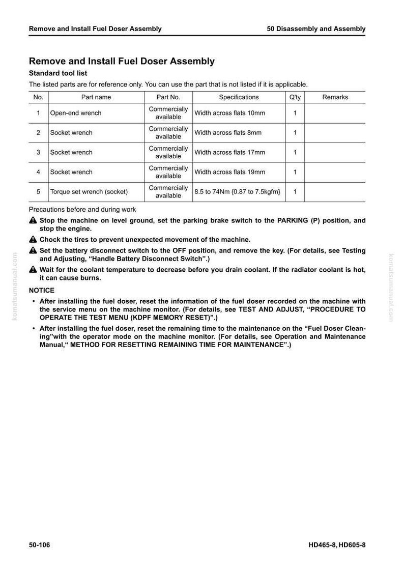 May include: A page from a manual titled "Remove and Install Fuel Doser Assembly." It lists tools like open-end wrenches and socket wrenches, with specifications and quantities. Includes safety precautions and notices for maintenance.