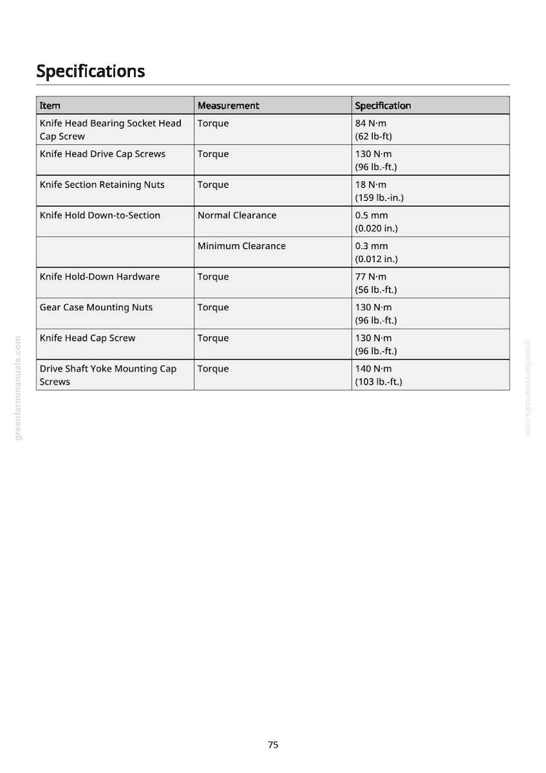 May include: A detailed specifications table with measurements for various components, including torque values in lb-ft and lb-in. The table lists items like screws and nuts, with measurements in both metric and imperial units.