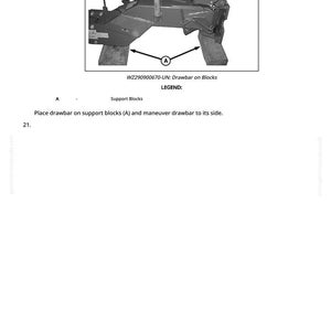 Op de afbeelding: Diagram van een disselboom op steunblokken, gemarkeerd met "A". De tekst "WZ290900670-UN: Drawbar on Blocks" staat boven het diagram. De legenda geeft "Support Blocks" aan. Er worden instructies gegeven om de disselboom op de steunblokken te plaatsen.