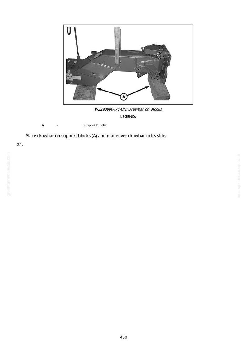 Op de afbeelding: Diagram van een disselboom op steunblokken, gemarkeerd met "A". De tekst "WZ290900670-UN: Drawbar on Blocks" staat boven het diagram. De legenda geeft "Support Blocks" aan. Er worden instructies gegeven om de disselboom op de steunblokken te plaatsen.