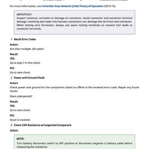 Puede incluir: Un documento t&eacute;cnico con una leyenda y pasos para la soluci&oacute;n de problemas. La leyenda enumera componentes como el Controlador 1 y la Resistencia de Terminaci&oacute;n 2. Las instrucciones incluyen la comprobaci&oacute;n de c&oacute;digos de error y la resistencia CAN. El texto incluye "IMPORTANTE" y "NOTA".