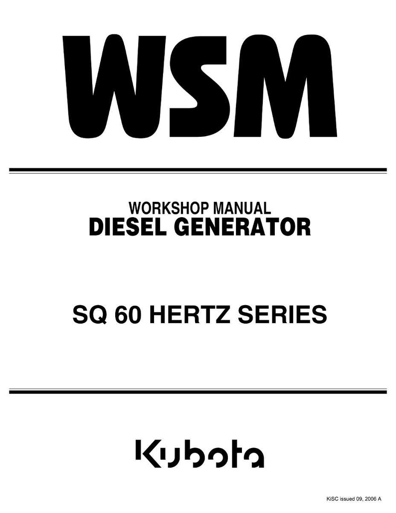 May include: A white document with black text. The document reads "WSM WORKSHOP MANUAL DIESEL GENERATOR SQ 60 HERTZ SERIES" and includes the Kubota logo. The document is dated 09, 2006 A.
