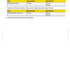May include: A page from a manual with instructions for seat belt maintenance. It includes steps for removing and installing parts, along with torque specifications in N-m and lb-ft. The text is on a white background.