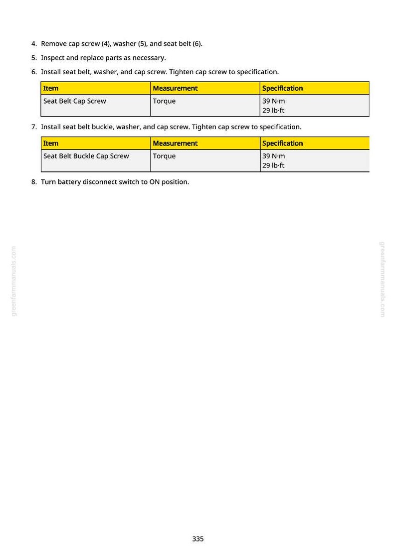 May include: A page from a manual with instructions for seat belt maintenance. It includes steps for removing and installing parts, along with torque specifications in N-m and lb-ft. The text is on a white background.