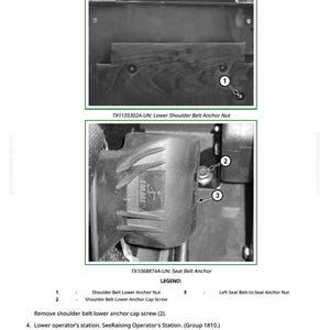 May include: Detailed diagram of seat belt anchor components, including a shoulder belt lower anchor nut and a seat belt anchor. The image includes labels and text for identification and removal instructions. The image is in black and white.