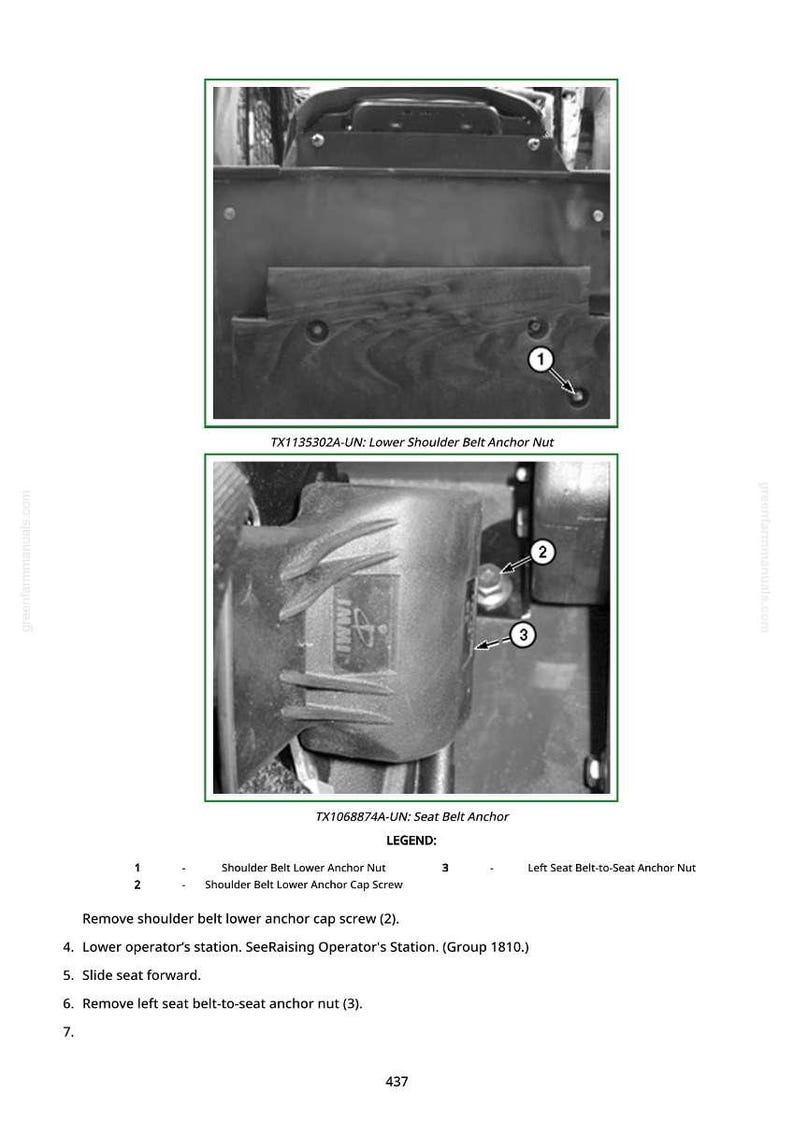 May include: Detailed diagram of seat belt anchor components, including a shoulder belt lower anchor nut and a seat belt anchor. The image includes labels and text for identification and removal instructions. The image is in black and white.