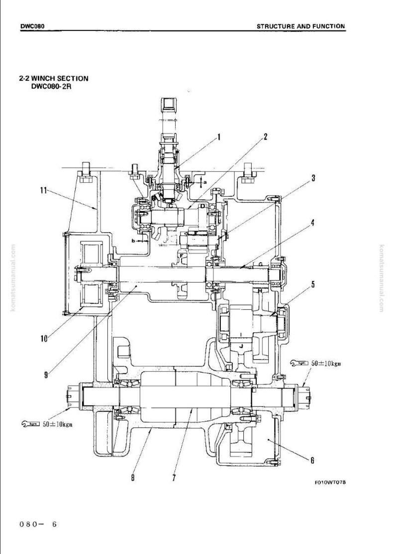 May include: Detailed technical diagram of a winch section, labeled DWC080-2R, with various components and measurements. The diagram includes labels for different parts and the text "STRUCTURE AND FUNCTION".