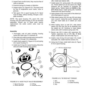 May include: Technical diagram with instructions for hoist pilot valve reassembly and tie rod nut torque. Includes diagrams of parts with labels and torque specifications in foot-pounds and Newton-meters.