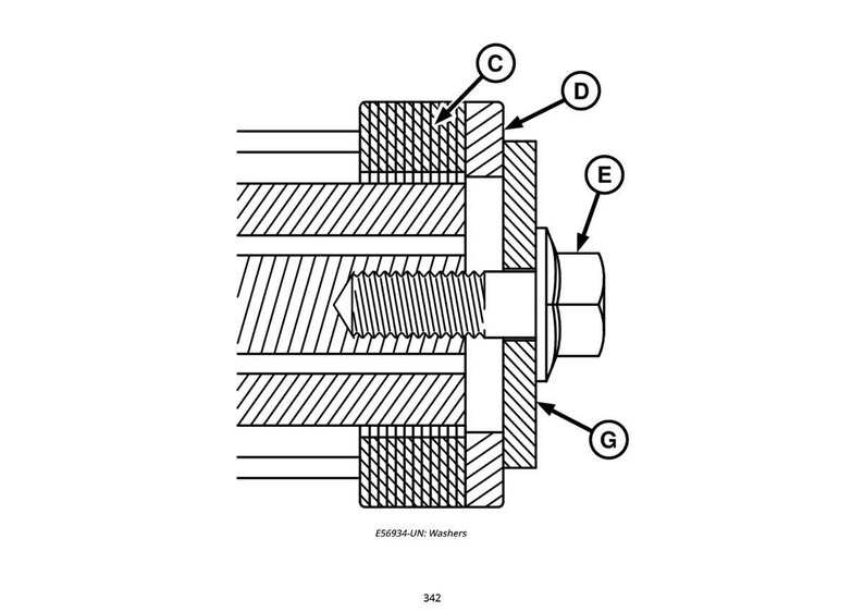 May include: Diagram of a mechanical assembly with a bolt, washers, and a nut. The bolt is threaded and passes through several components, secured by the nut. The washers are labeled with the text "ES6934-UN: Washers".
