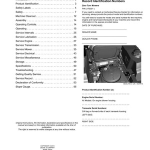 May include: A manual page detailing contents and product identification for a machine. Sections include safety, service, and specifications. The page features a diagram of a machine component and spaces to record serial numbers.