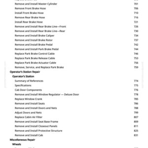 May include: A page from a manual with a list of automotive repair procedures, including brake and wheel maintenance. The text is in black font on a white background, with page numbers on the right.