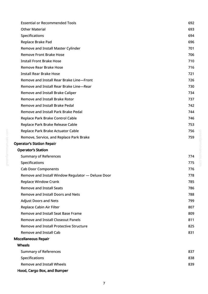 May include: A page from a manual with a list of automotive repair procedures, including brake and wheel maintenance. The text is in black font on a white background, with page numbers on the right.