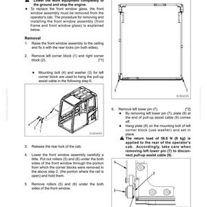 May include: Diagram of a front window assembly removal and installation procedure. Includes numbered steps, diagrams, and component labels. Text includes instructions and safety warnings for the process.