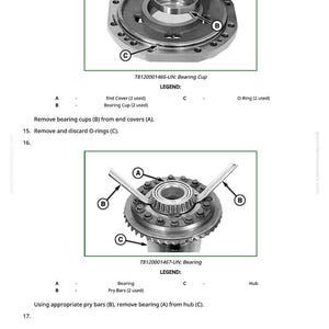 May include: Diagrams of mechanical components, including a bearing cup and a bearing, with labels A, B, and C. The text provides instructions for removing and discarding parts. The image is from a manual.