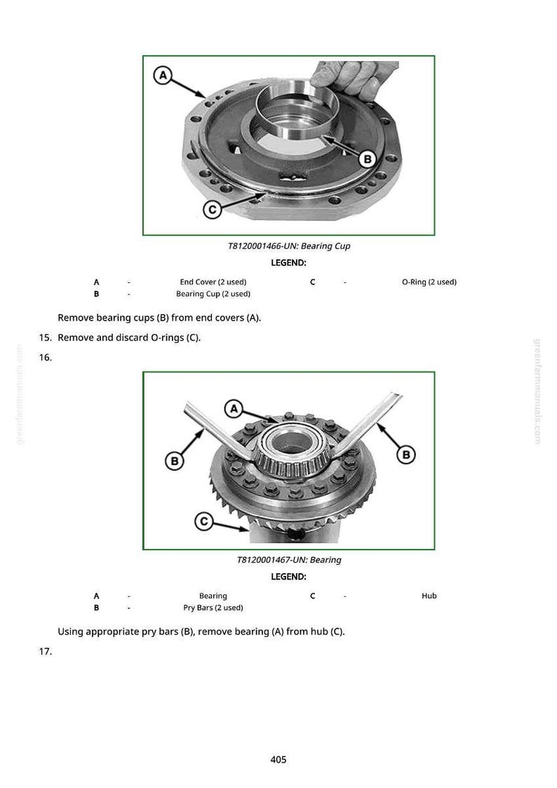 May include: Diagrams of mechanical components, including a bearing cup and a bearing, with labels A, B, and C. The text provides instructions for removing and discarding parts. The image is from a manual.