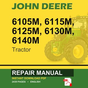 Pode incluir: Uma capa de manual de repara&ccedil;&atilde;o John Deere com um trator verde sobre um fundo amarelo. O texto inclui "JOHN DEERE", os n&uacute;meros do modelo do trator e "REPAIR MANUAL". O &iacute;cone PDF &eacute; vis&iacute;vel.