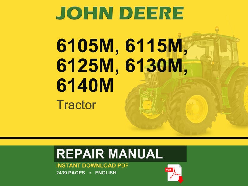 Pode incluir: Uma capa de manual de repara&ccedil;&atilde;o John Deere com um trator verde sobre um fundo amarelo. O texto inclui "JOHN DEERE", os n&uacute;meros do modelo do trator e "REPAIR MANUAL". O &iacute;cone PDF &eacute; vis&iacute;vel.