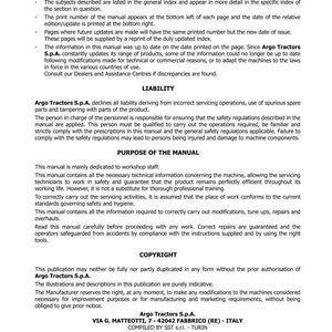 Puede incluir: P&aacute;gina de un manual para el tractor Rex F-GT-GE, fabricado por Argo Tractors S.p.A. El manual incluye secciones sobre introducci&oacute;n, responsabilidad, prop&oacute;sito y derechos de autor. Texto en negro sobre fondo blanco. Edici&oacute;n 04-2011.