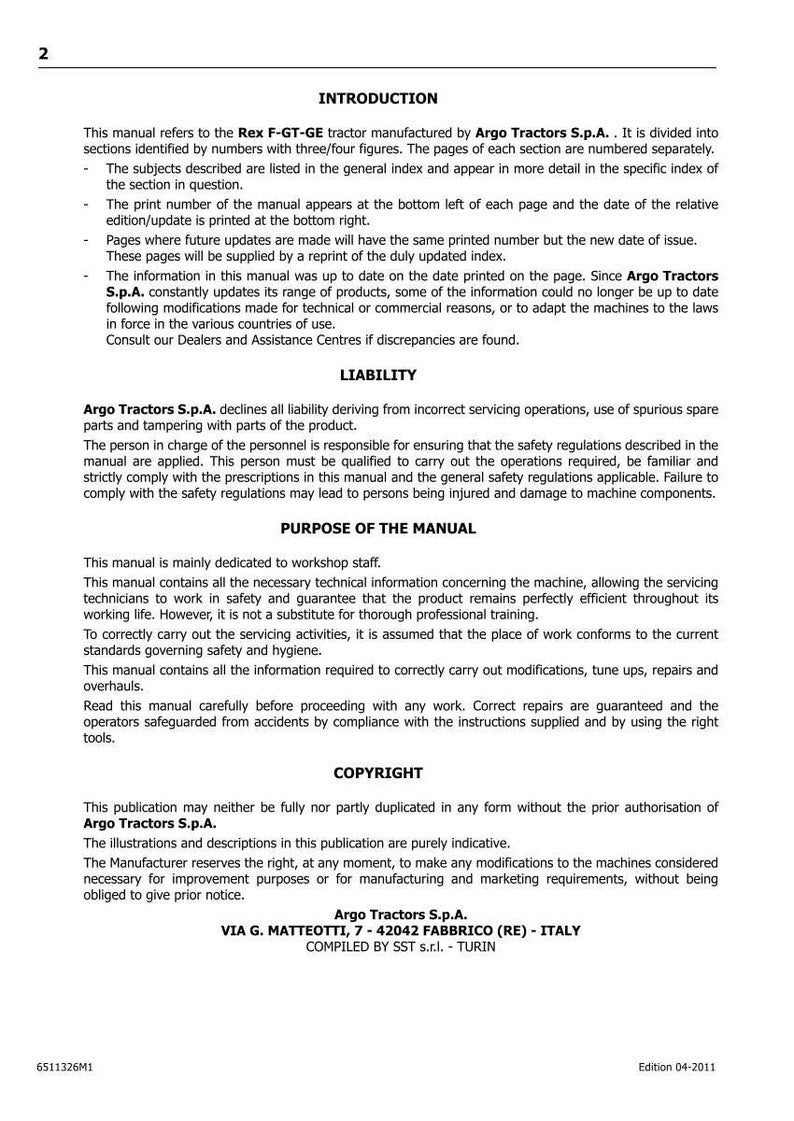 Puede incluir: P&aacute;gina de un manual para el tractor Rex F-GT-GE, fabricado por Argo Tractors S.p.A. El manual incluye secciones sobre introducci&oacute;n, responsabilidad, prop&oacute;sito y derechos de autor. Texto en negro sobre fondo blanco. Edici&oacute;n 04-2011.