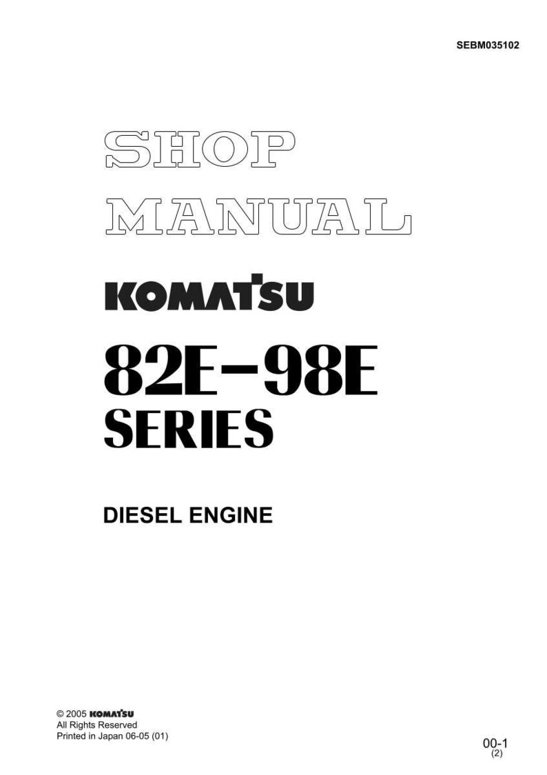May include: A white cover with the text "SHOP MANUAL" in a hollow font. Below, the text "KOMATSU" is in bold font, followed by "82E-98E SERIES" and "DIESEL ENGINE". The image also includes copyright information.