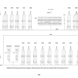 K&ouml;nnte beinhalten: Ein schwarz-wei&szlig;es Verdrahtungs- und Kabelbaumdiagramm. Das Diagramm enth&auml;lt Beschriftungen wie X508, X529, W10 und W16. Der Text "ZX028157-UN: Wiring and Harness Diagram, Wiring Harness W16 (Cab, NA, Shuttle Shift Transmission), Part 1" ist ebenfalls sichtbar.