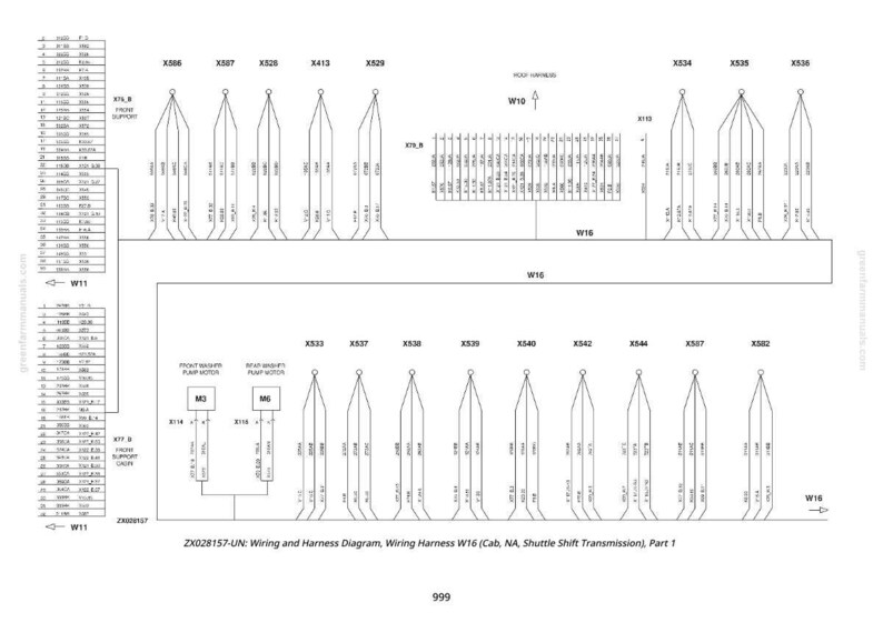 K&ouml;nnte beinhalten: Ein schwarz-wei&szlig;es Verdrahtungs- und Kabelbaumdiagramm. Das Diagramm enth&auml;lt Beschriftungen wie X508, X529, W10 und W16. Der Text "ZX028157-UN: Wiring and Harness Diagram, Wiring Harness W16 (Cab, NA, Shuttle Shift Transmission), Part 1" ist ebenfalls sichtbar.