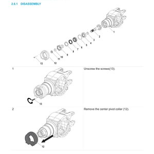 K&ouml;nnte beinhalten: Technische Zeichnung zur Demontage eines Zentralgeh&auml;uses und Kegelritzels. Das Bild zeigt verschiedene Komponenten, wie Schrauben und Kragen, mit Text wie "EXTRAORDINARY JOBS" und "DISASSEMBLY".