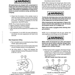 May include: A technical diagram from a manual detailing rear suspension components. Includes illustrations of a rear suspension block with a 40 mm spacer and a pressure sensor with Schrader valve and adapter. Warnings about nitrogen gas are present.