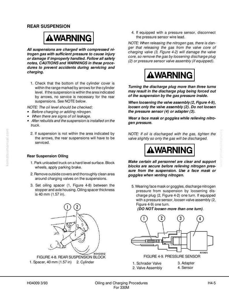May include: A technical diagram from a manual detailing rear suspension components. Includes illustrations of a rear suspension block with a 40 mm spacer and a pressure sensor with Schrader valve and adapter. Warnings about nitrogen gas are present.