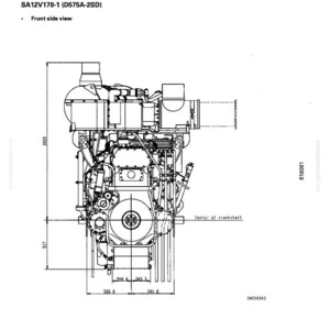 May include: Detailed front view diagram of an engine, labeled SA12V170-1 (D575A-2SD). Dimensions are provided, with the engine's height at 2020 units and a base measurement of 566.8 units. Includes text: "ENGINE PERFORMANCE CURVE".