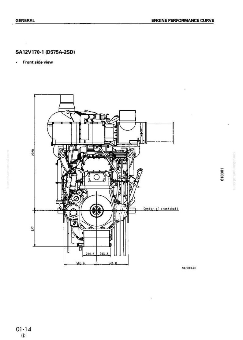 May include: Detailed front view diagram of an engine, labeled SA12V170-1 (D575A-2SD). Dimensions are provided, with the engine's height at 2020 units and a base measurement of 566.8 units. Includes text: "ENGINE PERFORMANCE CURVE".