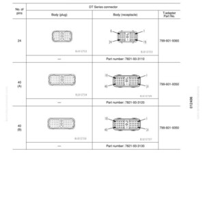 May include: A connection table for connector pin numbers, featuring DT Series connectors. The table shows plug and receptacle bodies with 24 and 40 pins, along with T-adapter part numbers. Includes part numbers 7821-93-3110, 7821-93-3120, and 7821-93-3130.