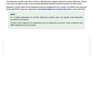 Pu&ograve; includere: Una pagina bianca con il titolo "Codici di guasto diagnostici dell'unit&agrave; di impegno e monitoraggio (EMU)." Il testo spiega i codici di guasto diagnostici, inclusi i numeri SPN e FMI, e come visualizzarli.