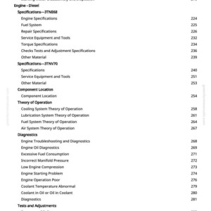 May include: A page from a manual with a table of contents for diesel engine repair and maintenance. The text includes sections on specifications, diagnostics, and tests, with page numbers listed.