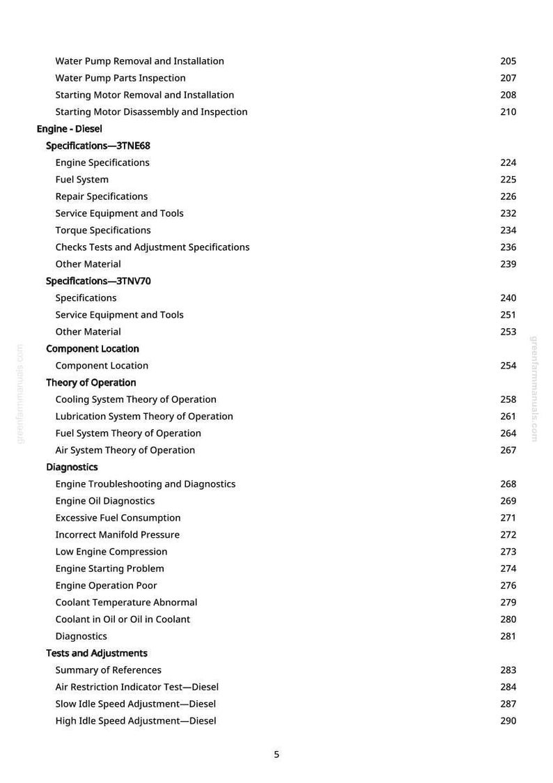 May include: A page from a manual with a table of contents for diesel engine repair and maintenance. The text includes sections on specifications, diagnostics, and tests, with page numbers listed.